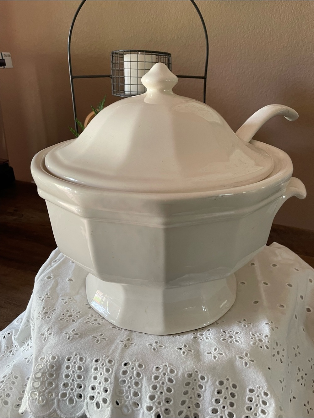 Vintage White Stoneware Soup Tureen with Lid & Ladle